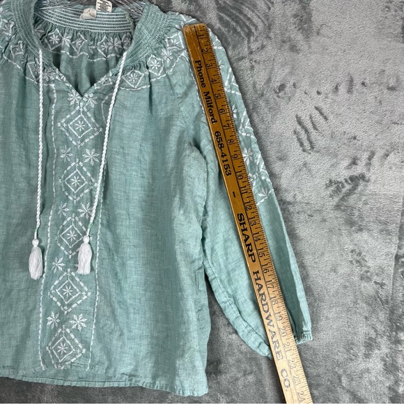 Joie Light Blue 100% Linen Embroidered Peasant Blouse Top Small Lagenlook Tassel - Picture 13 of 14